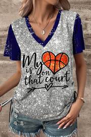 Basketball Day My Heart Is On That Court Print V-neck T-shirt