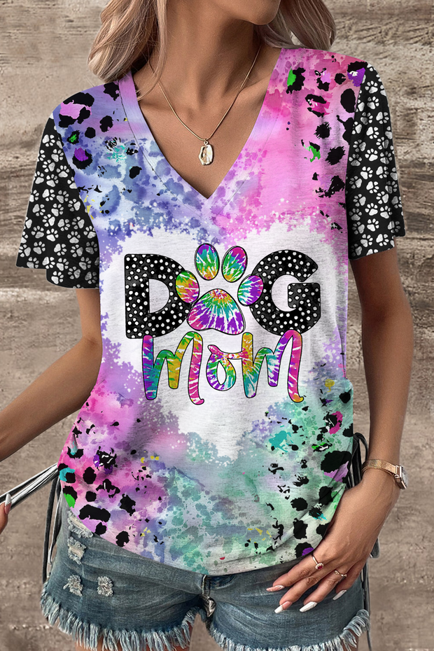 Dog Mom Colorful Tie-dye Paw Leopard Print V-neck T-shirt