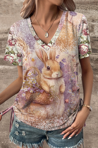 Vintage Painting Poster Easter Bunny V-neck T-Shirt