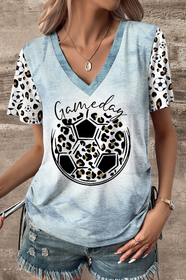 Game Day Soccer & Leopard Pattern V-neck T-shirt