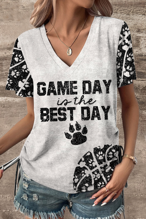 Game Day Is The Best Day & Pets Paw Basketball Pattern V-neck T-shirt