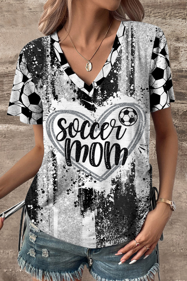 Game Day Soccer Mom Glitter Heart Pattern V-neck T-shirt