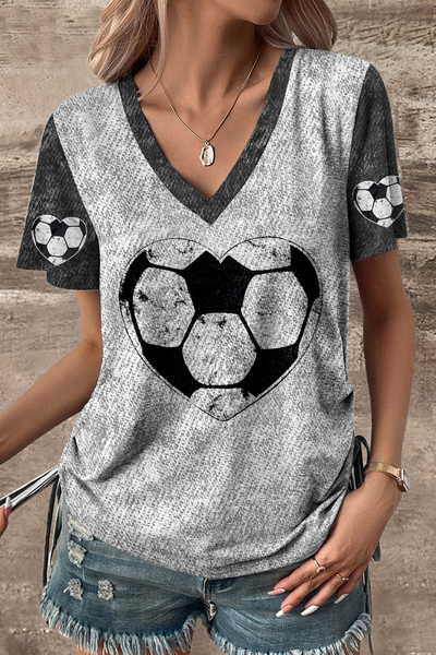 Game Day Retro Love Heart Soccer Print V-neck T-shirt