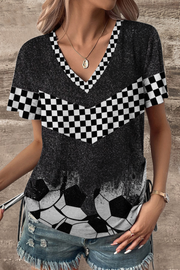 Checkerboard Graphic & Soccer Pattern V-neck T-shirt