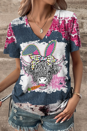 Happy Easter Heifer Denim Print Splicing V-neck T-shirt