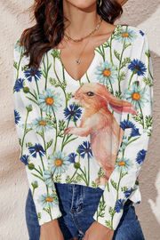 Happy Easter Bunny Play in Spring Daisyland Mini V Neck Loose Long Sleeve T-Shirt