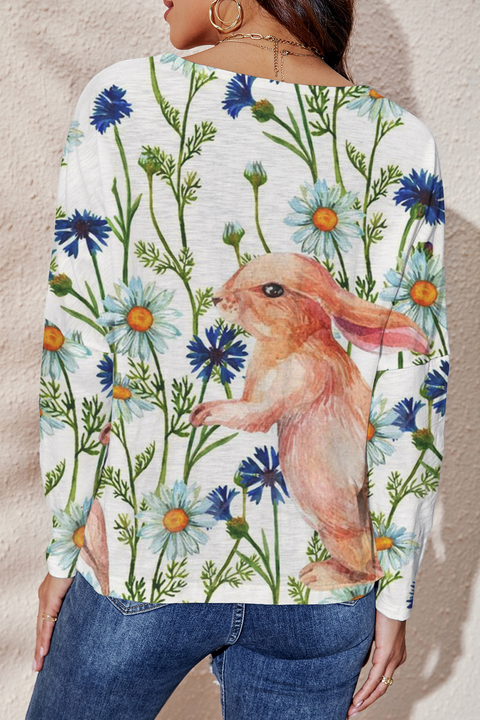 Happy Easter Bunny Play in Spring Daisyland Mini V Neck Loose Long Sleeve T-Shirt