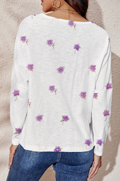 Lovely Easter Bunny and Pink Purple Flowers Mini V Neck Loose Long Sleeve T-Shirt