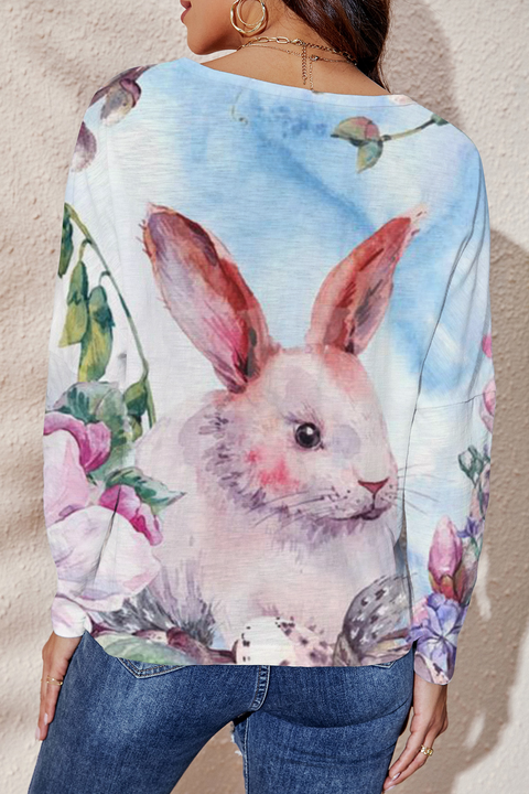 Easter Bunny & Butterfly Reborn In Flowering Shrubs Mini V Neck Loose Long Sleeve T-Shirt