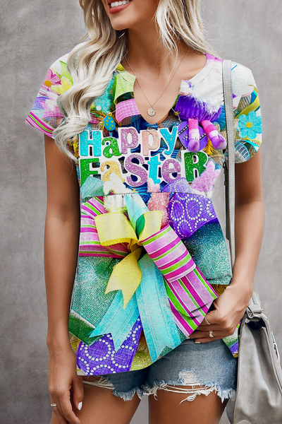 Happy Easter Colorful Patterns of Easter Decorations Notched Neck Peplum Hem Tee