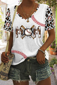 Casual Leopard Baseball Mom Baseball Bat Print V Neck T-Shirt