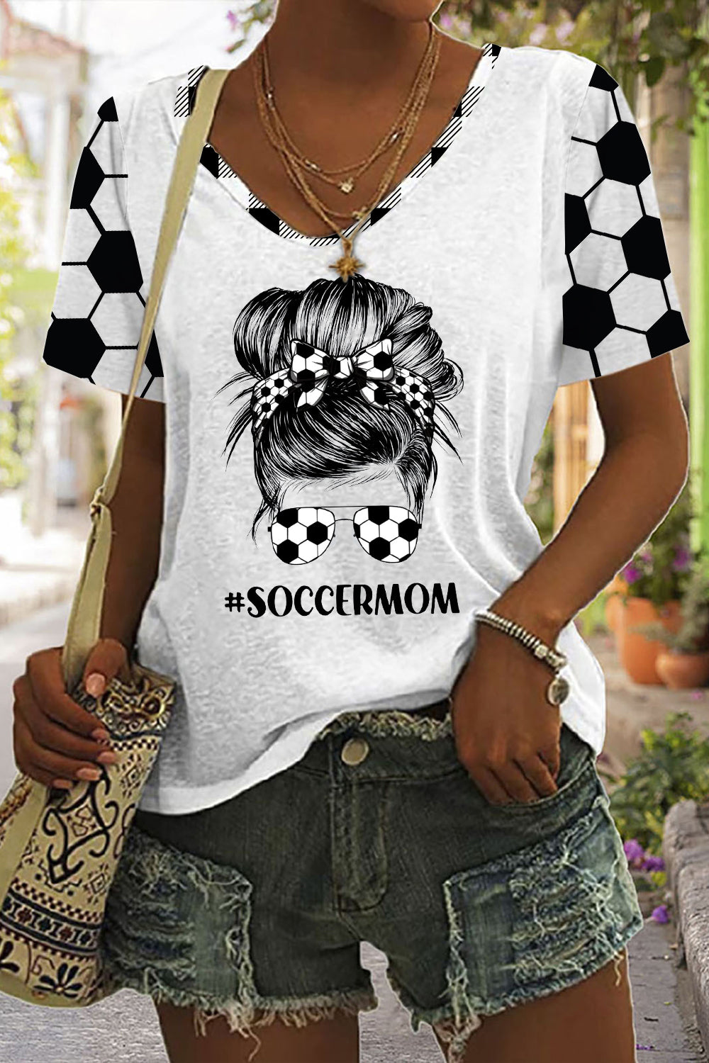 Soccer Mom Messy Bun Plaid Print V-Neck T-Shirt