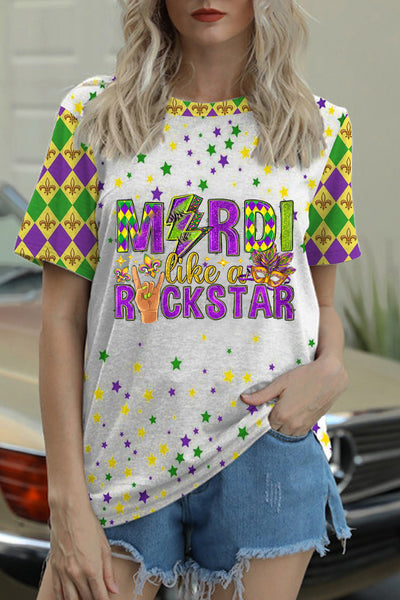 Mardi Like A Rockstar Fleur De Lis And Mask Print Round Neck Short Sleeve T-shirt