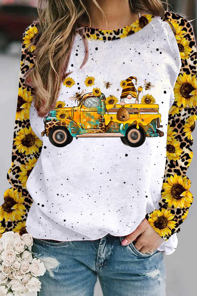 Western Gnomes Truck With Bees And Sunflowers Leopard Print Sweatshirt