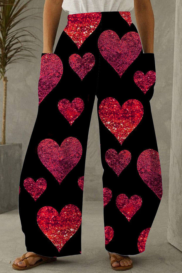 Glitter Red Heart Sparkles Print Loose Pocket Pants