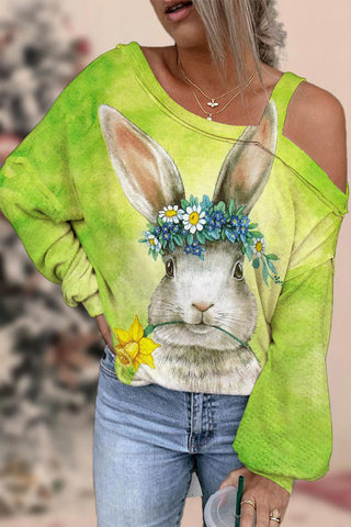 Happy Easter Bunny With Daffodils Spring Floral Printed Off-Shoulder Blouse