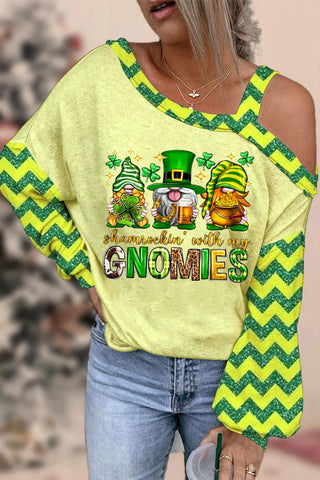 St. Patrick's Day Shamrockin' With My Gnomies Print Off-Shoulder Blouse