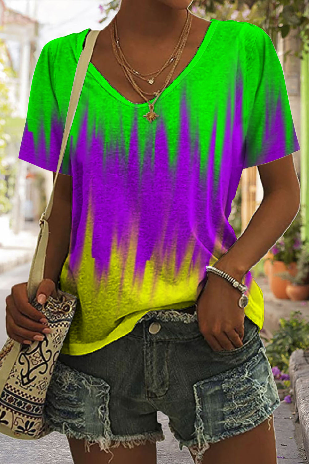 Vintage Mardi Gras Purple Green And Gold Tie Dye Print V Neck T-Shirt
