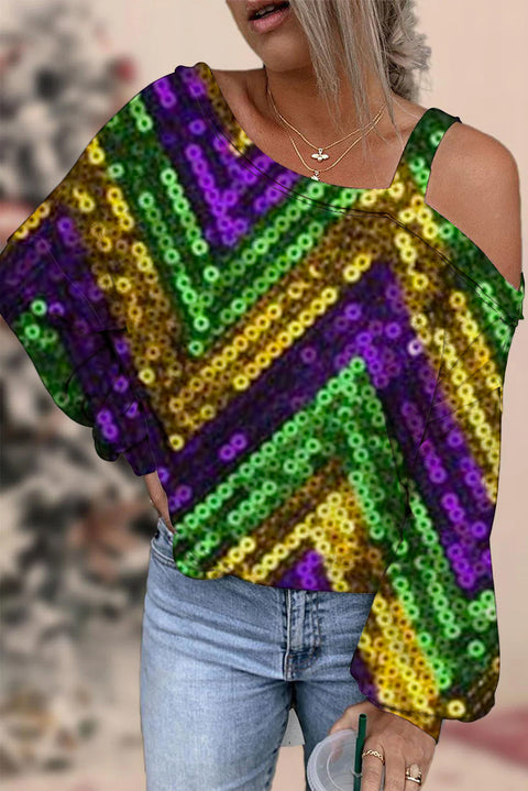 Mardi Gras Carnival Sequin Glitter Purple Green And Gold Color Print Off-Shoulder Blouse