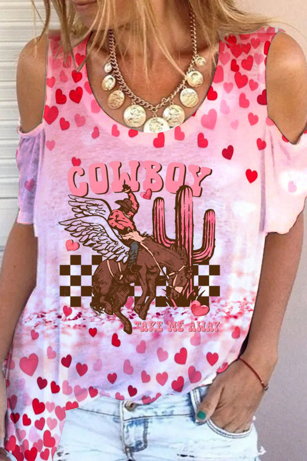 Cowboy Take Me Away Print Cold Shoulder T-Shirt