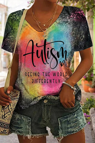 Autism Seeing The World Differently Print V-neck T-shirt