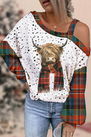 Plaid Highland Cow Off-shoulder Blouse