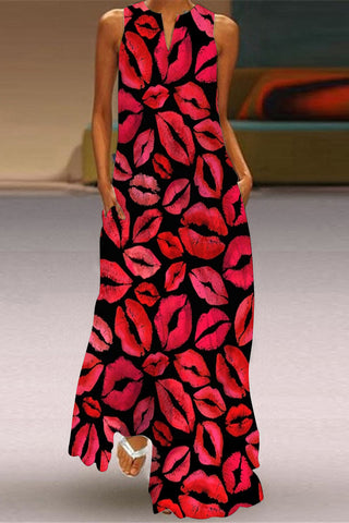 Lips & Kisses Print Sleeveless Maxi Dress