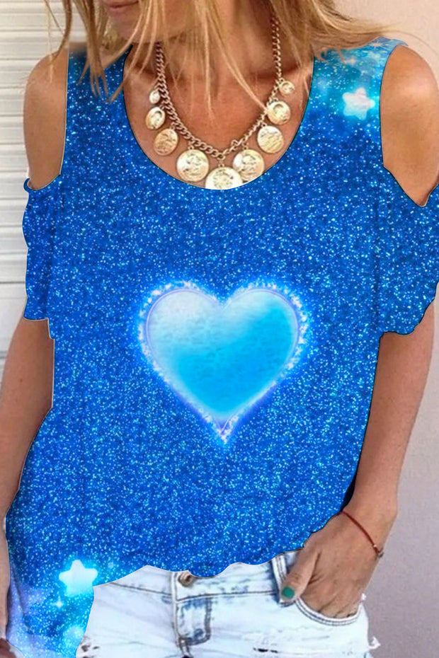 Glitter Heart Blue Sparkles Print Cold Shoulder T-Shirt