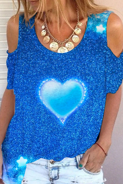 Glitter Heart Blue Sparkles Print Cold Shoulder T-Shirt