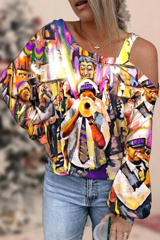 Mardi Gras Carnival Parade Blow The Trumpet With Clown Mask Beads Printed Off-Shoulder Blouse