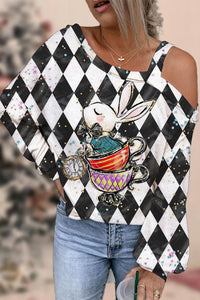 Vintage Black With White Plaid Teacup Bunny And Clock Printed Off-Shoulder Blouse