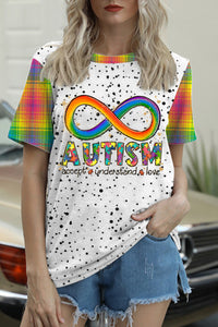 Autism Accept Understand Love Rainbow Infinity Symbol Puzzle Print Round Neck T-shirt