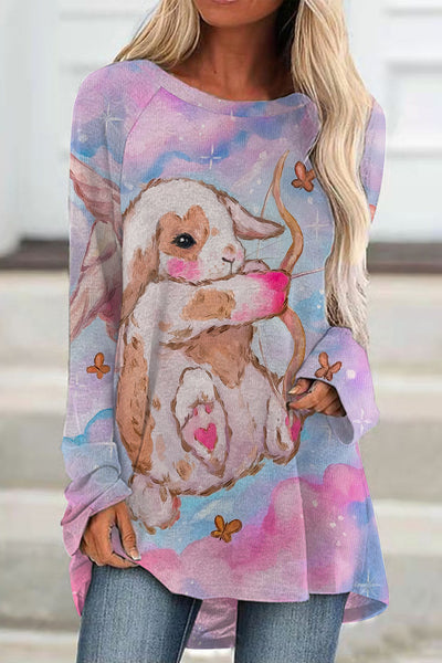 Cute Cupid Bunny Shoots Heart Arrow Tie Dye Printed Tunic