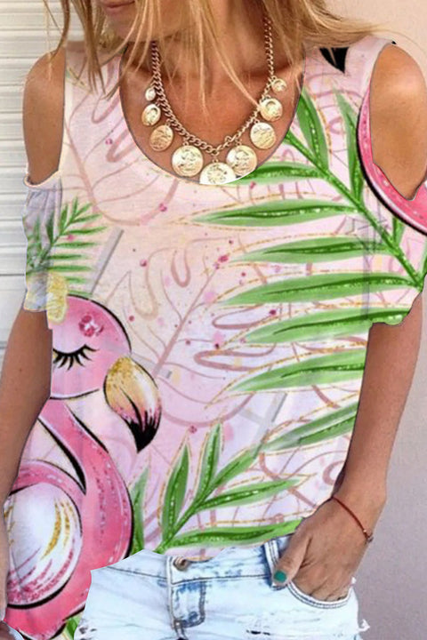 Summer Flamingos Cold Shoulder T-shirt