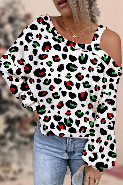 Red and Green Leopard Off-shoulder Blouse
