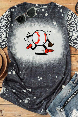 Baseball Cartoon Pattern Bleached T-shirt
