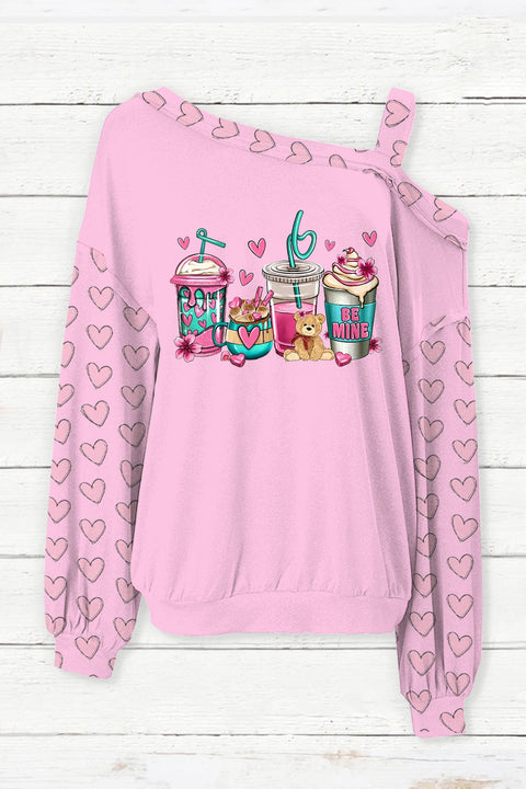 Love Coffee Cups Pink Heart Print Off-Shoulder Blouse