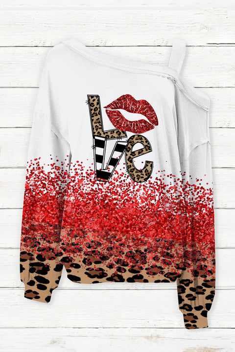 Glitter Leopard Love Print Off-shoulder Blouse