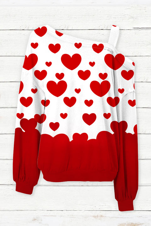 Red Heart Asymmetrical Neck Shift Casual Long Sleeve Blouse