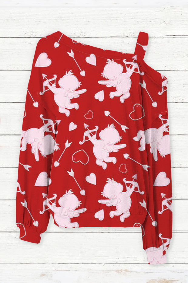 Cupid Full Print Vintage Strapless Diagonal Neck Long Sleeve Blouse