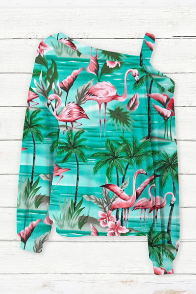 Spring/Summer Flamingos Coconut Tree Off-shoulder Blouse