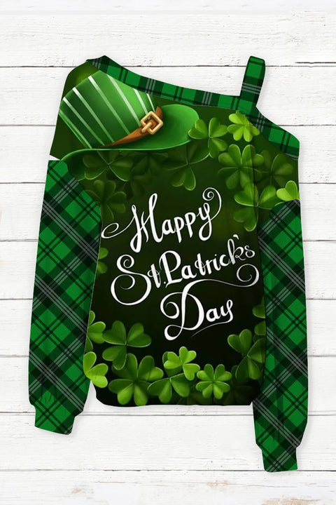 Happy St Ratricks Day Green Clover Flower Body Lettering Print Slant Shoulder One-Piece Collar Off-shoulder Blouse