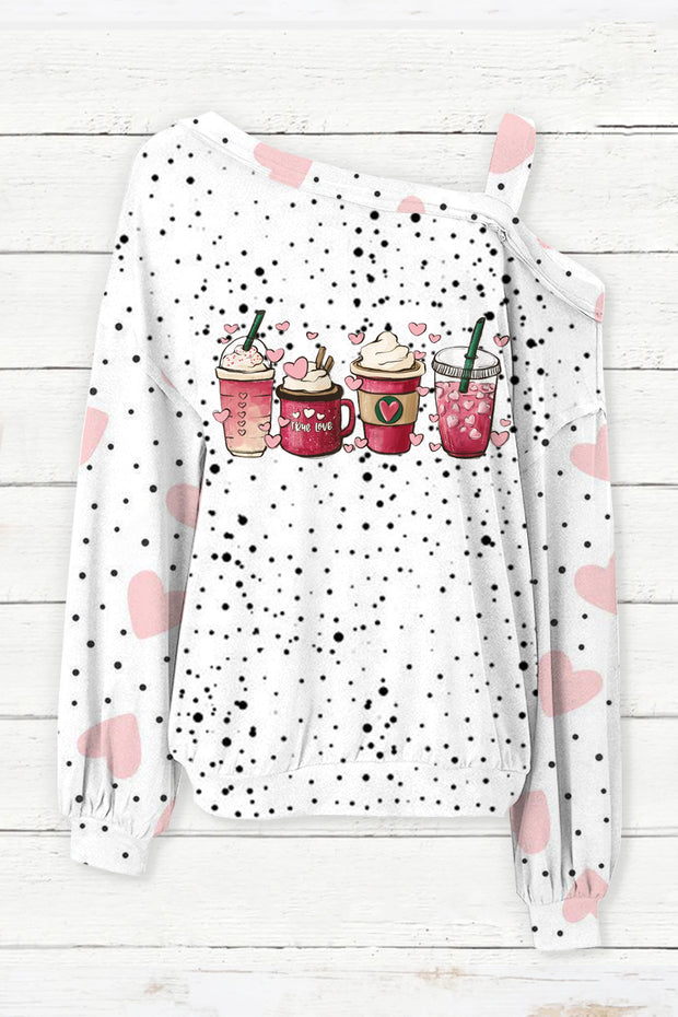 Coffee Lover Polka Dots Heart Print Off-shoulder Blouse