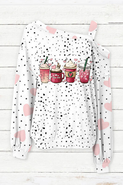 Coffee Lover Polka Dots Heart Print Off-shoulder Blouse
