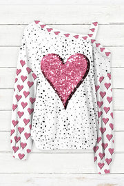 Pink Diamond Heart Print Strapless Off-Shoulder Long-Sleeved Blouse