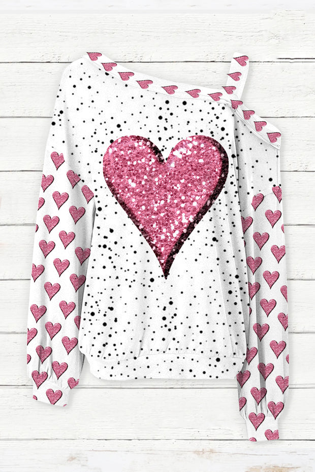 Pink Diamond Heart Print Strapless Off-Shoulder Long-Sleeved Blouse