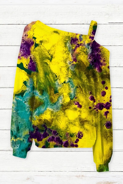 Purple Green Yellow Gradient Tie-dye Print Vintage Off-Shoulder Blouse