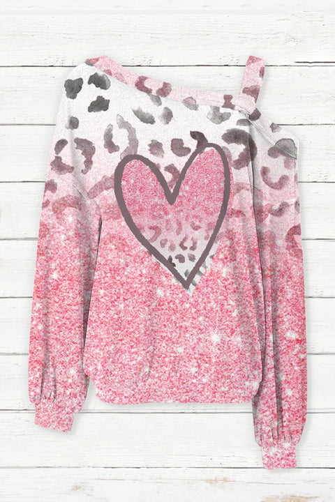 Gradient Glitter Leopard Heart Off-shoulder Blouse