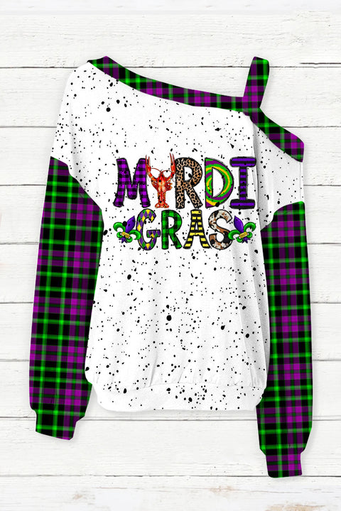 Mardi Gras Plaid Crawfish With Fleur De Lis Polka Print Off-Shoulder Blouse