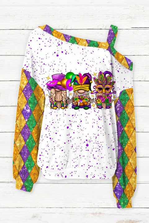 Mardi Gras Gnomies Cakes Flowers And Balloon Print Off-Shoulder Blouse